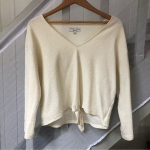 Anthropologie cropped front tie cream textured sweater